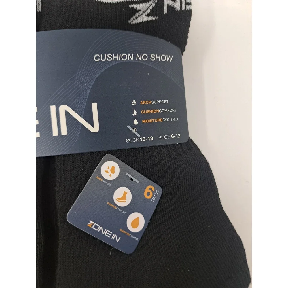 Zone In Mens 6 Pack Cushion No Show Athletic Performance Blk Socks Shoe sz 6-12